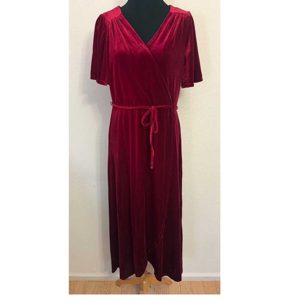Chelsea28 Womens Burgundy Velvet Wrap Maxi Dress Short Flutter Sleeve Red L